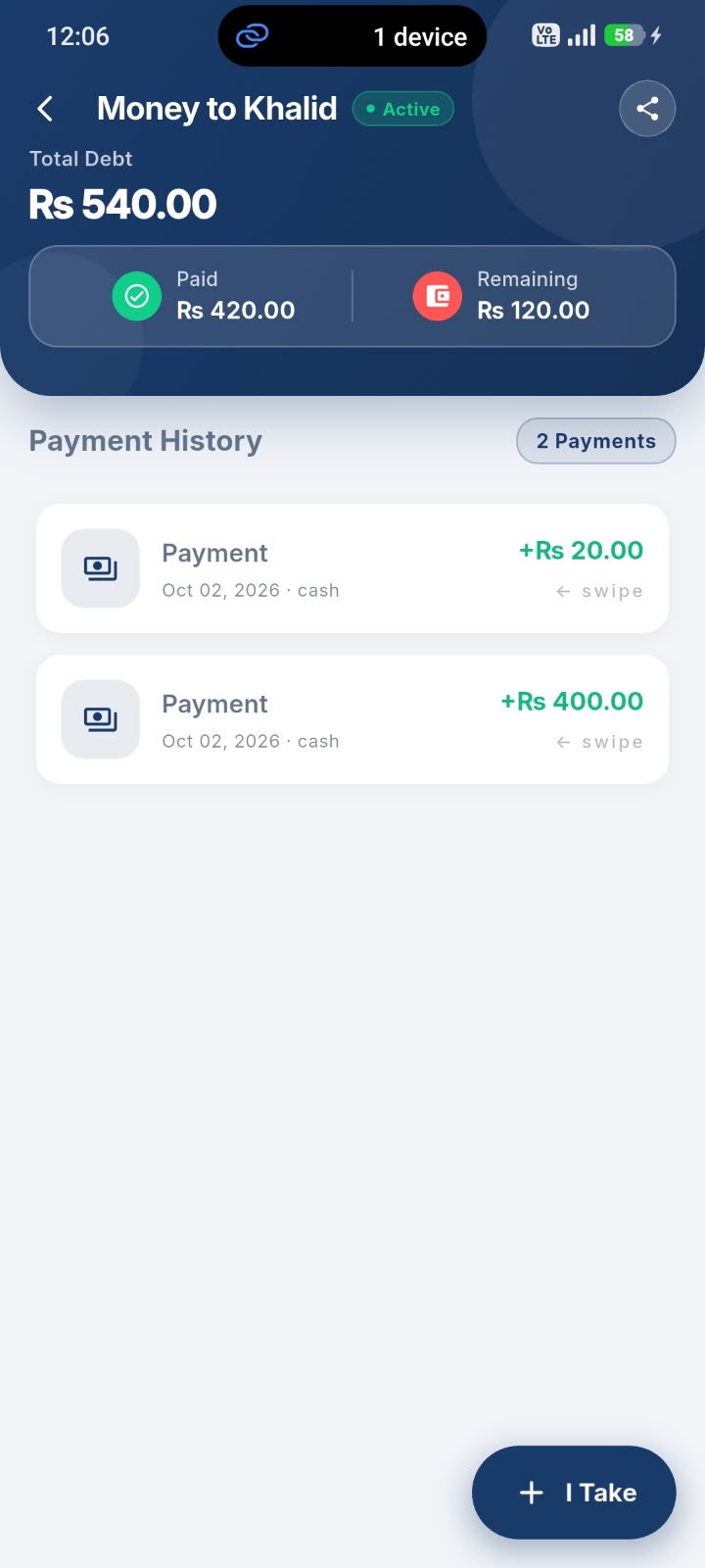 Spendio debt tracker screen showing repayment history and remaining balance