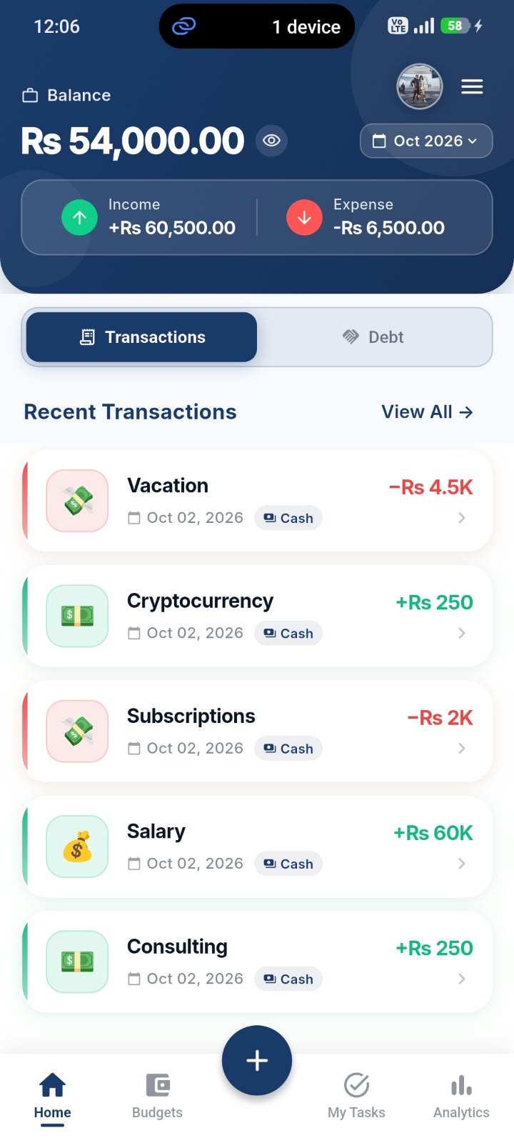 Spendio budget tracker app home screen showing balance and recent transactions