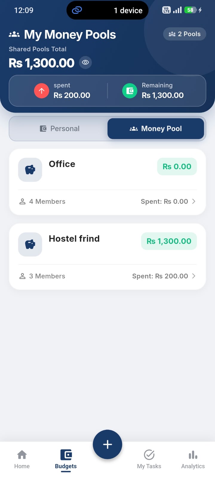 Spendio money pools list screen
