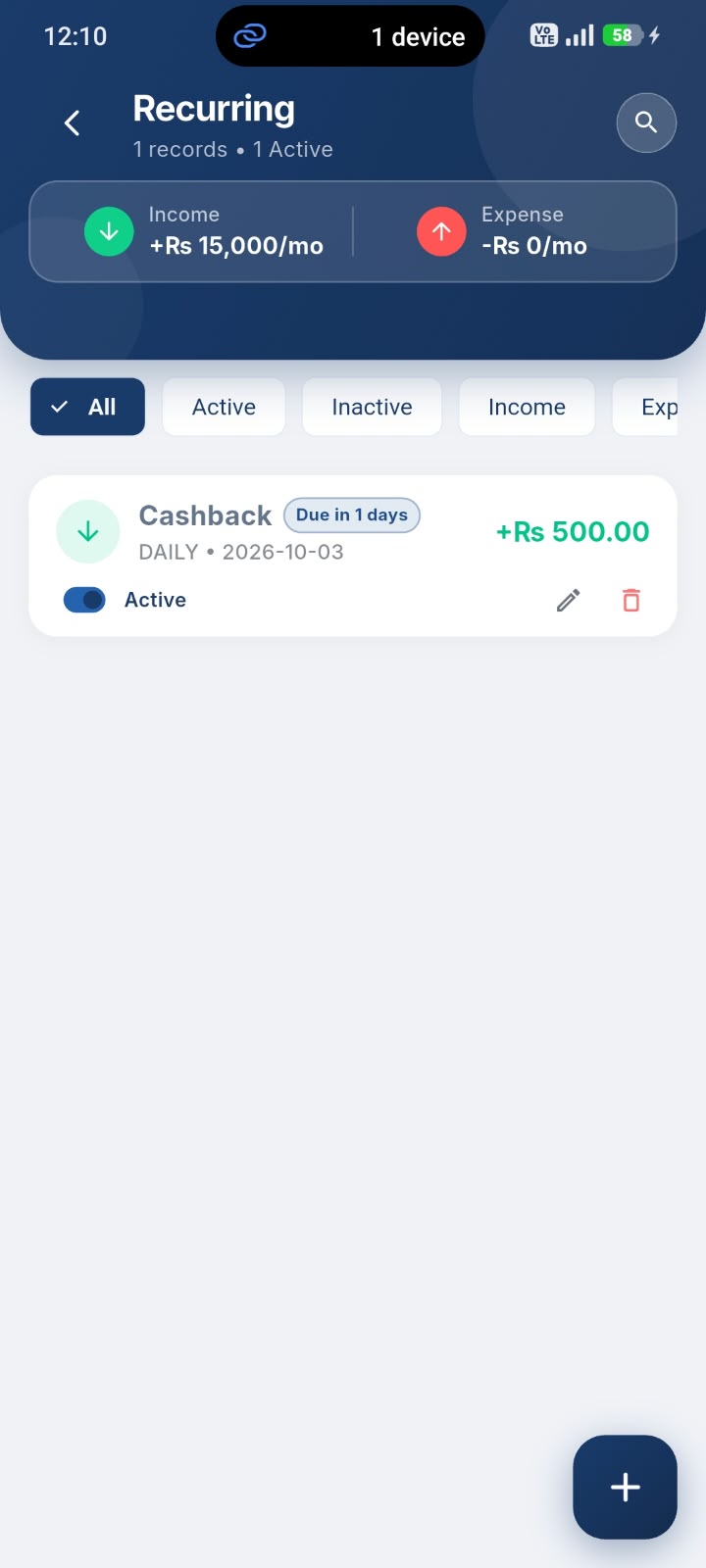 Spendio recurring transactions screen